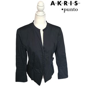 Akris Punto | Black Cotton Blend Cropped Blazer Peplum Hem Ruched Back Cuffs 8